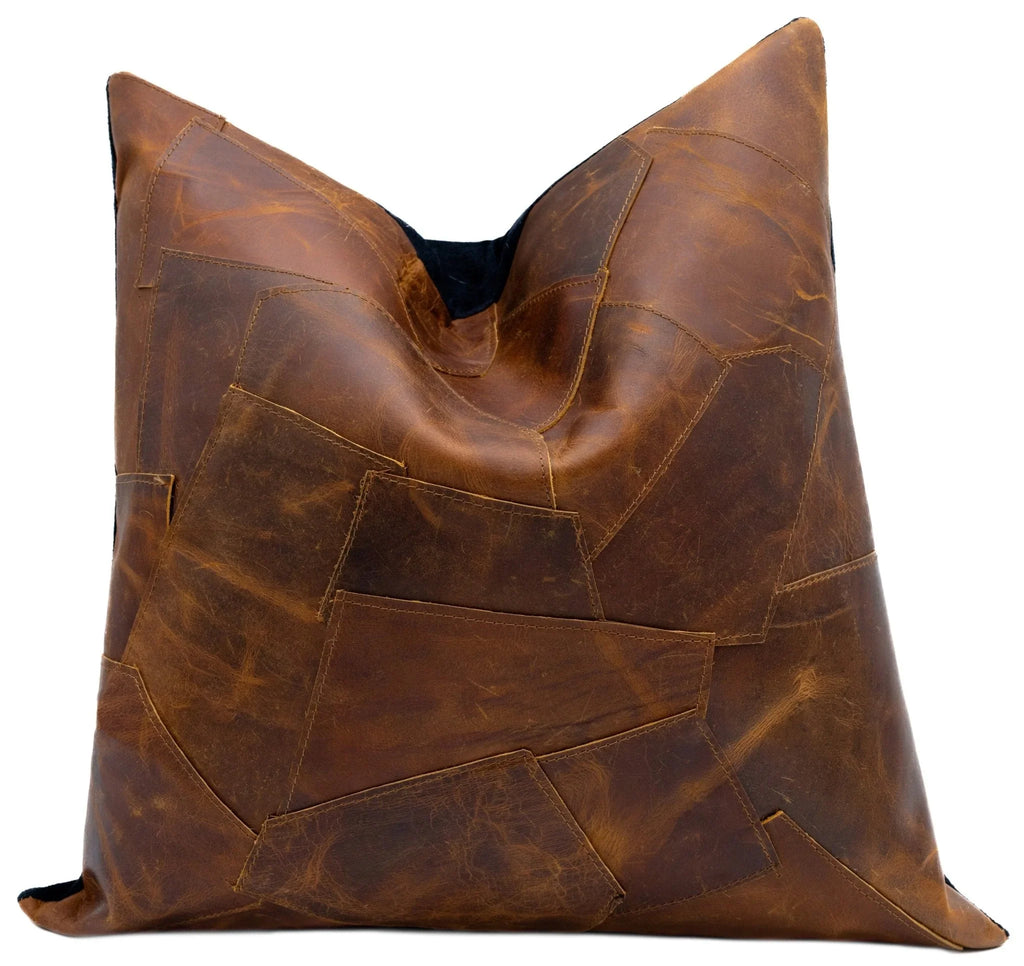 Canvello Genuine Cowhide Leather Decorative Throw Pillows - Handmade Patchwork Boho Accent Pillows For Sofa, Couch, Bed, Chair - Western Southwestern Farmhouse Pillow Covers With Feather Down Insert Included) Canvello
