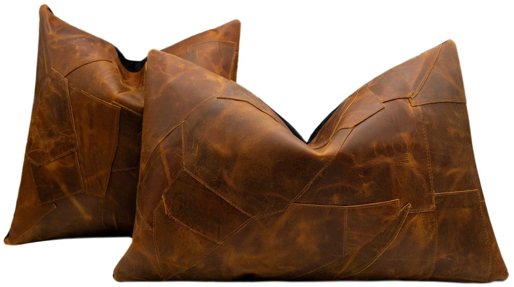 Canvello Genuine Cowhide Leather Decorative Throw Pillows - Handmade Patchwork Boho Accent Pillows For Sofa, Couch, Bed, Chair - Western Southwestern Farmhouse Pillow Covers With Feather Down Insert Included) Canvello