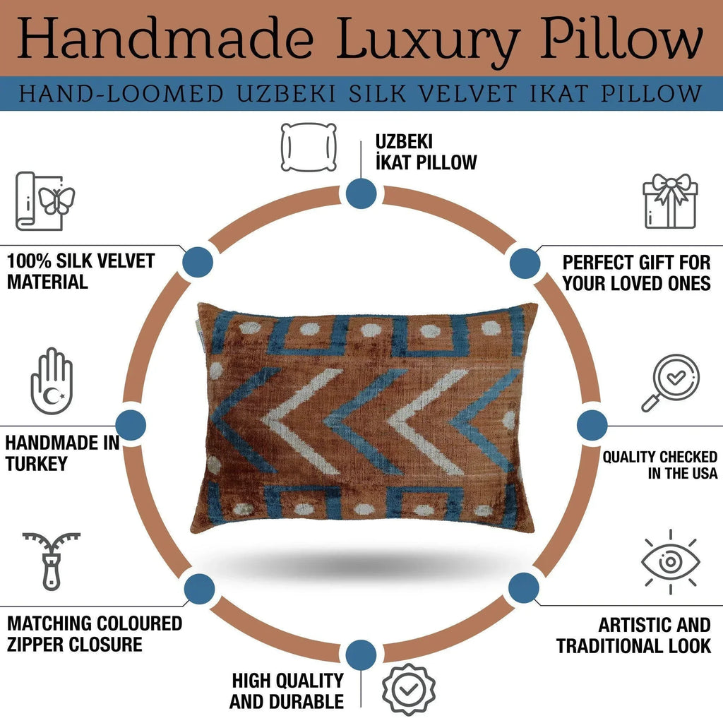 Canvello Handmade Brown & Blue Pillow with Down Cover - 16x24, lifestyle image - House Of Avana