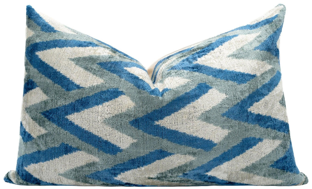 Canvello Handmade Chevron Velvet Throw Pillow in Blue and Grey - Ideal for Modern and Coastal Decor - 24x16 in Canvello