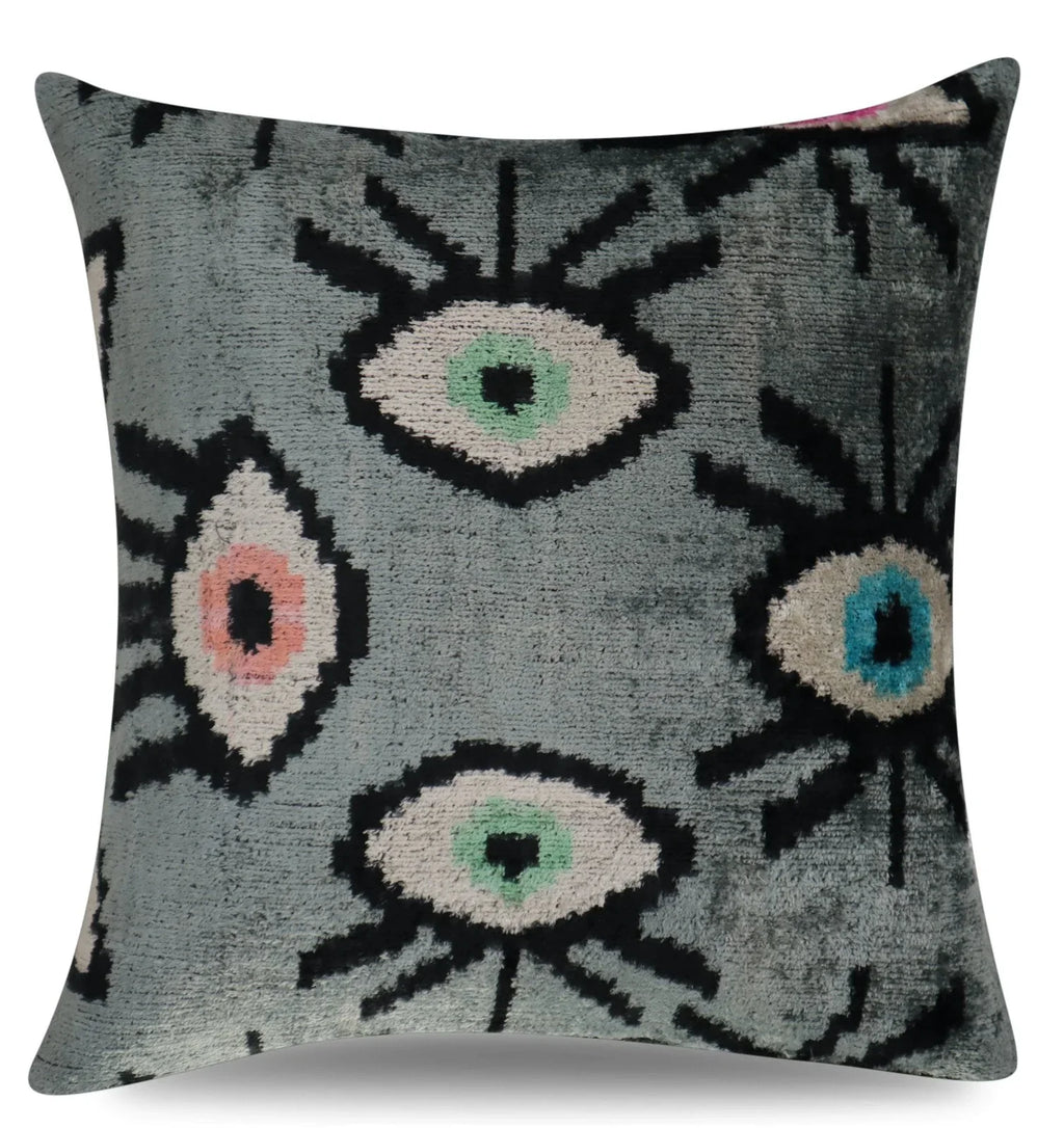 Canvello Handmade Luxury Handmade Velvet Silk Evil Eye Throw Pillow With Down Insert Canvello