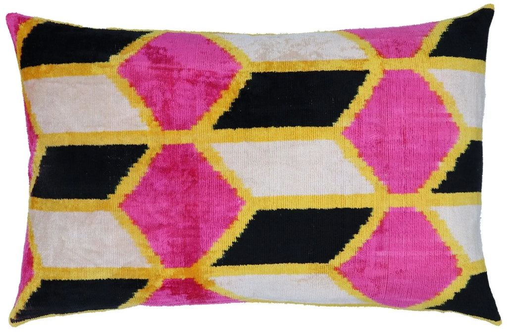 Canvello Handmade Pink Black Velvet Throw Pillow with Down Insert - 16x24, front view - House Of Avana