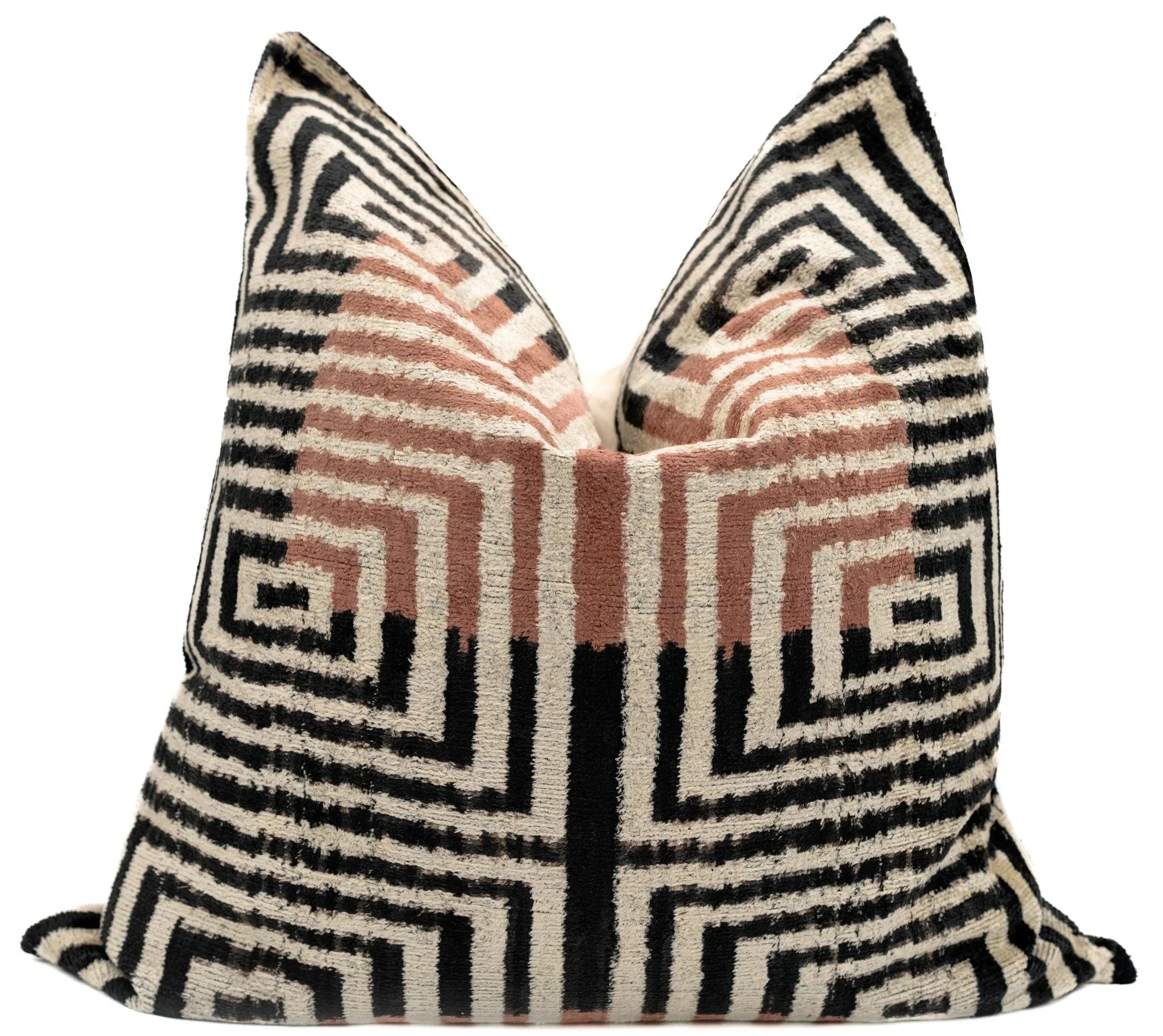 Canvello Handmade Silk Velvet Throw Pillow with Down Feather Insert – Maze Pattern in Black, Grey, and Terracotta - 22"X22" Canvello