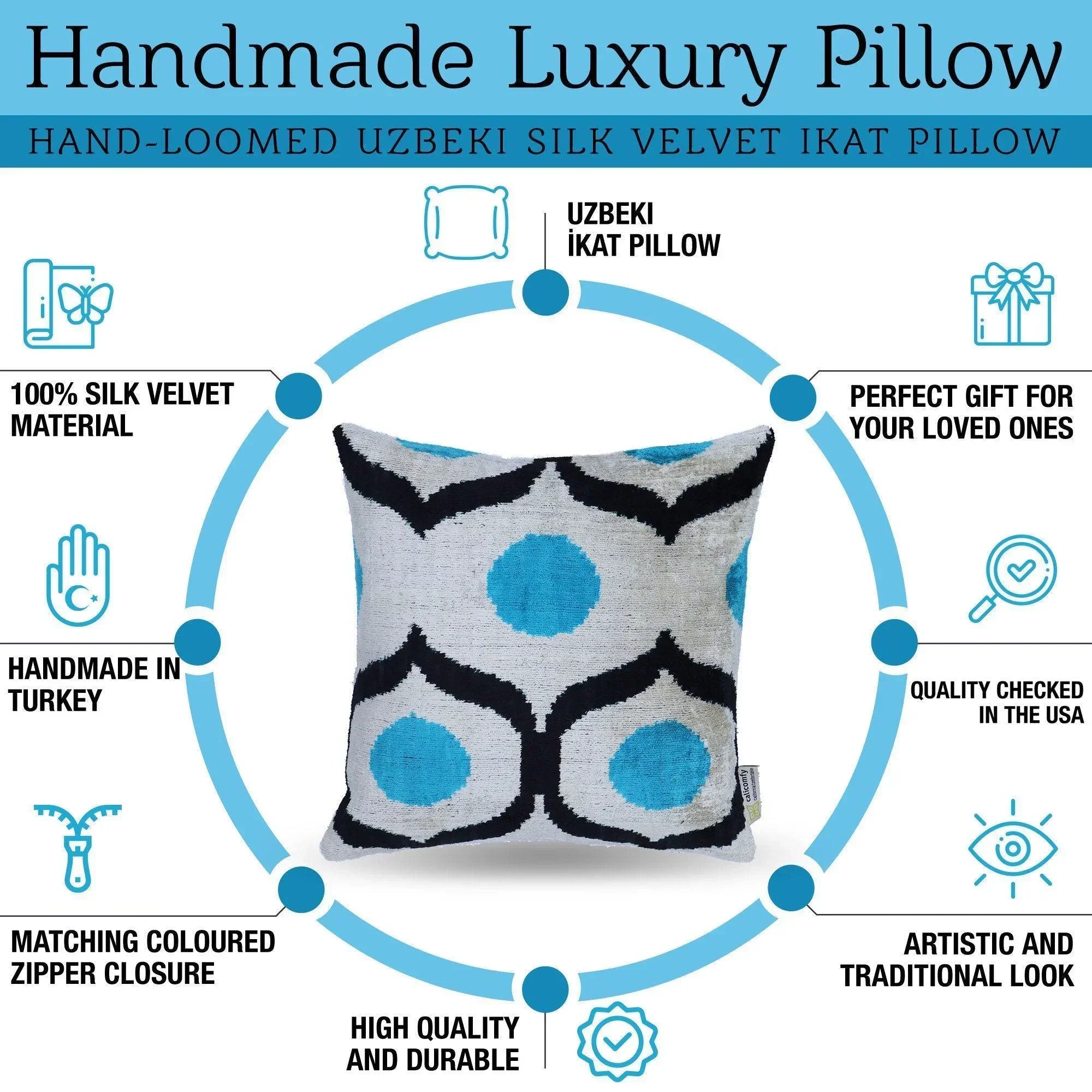 Canvello Handmade Sky Blue Pillows for Couch - 16x16 Inch, side view - House Of Avana
