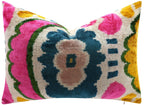 Canvello Handmade Velvet Lumbar Pillow in Bright Pink, Teal, and Yellow Floral Ikat Design - High-Quality 16x24 Inch Decorative Accent for Sofas, Couches, and Interior Design Canvello