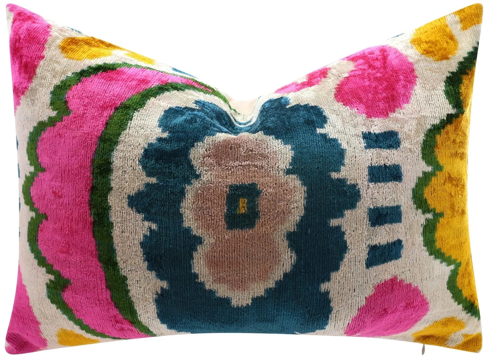 Canvello Handmade Velvet Lumbar Pillow in Bright Pink, Teal, and Yellow Floral Ikat Design - High-Quality 16x24 Inch Decorative Accent for Sofas, Couches, and Interior Design Canvello