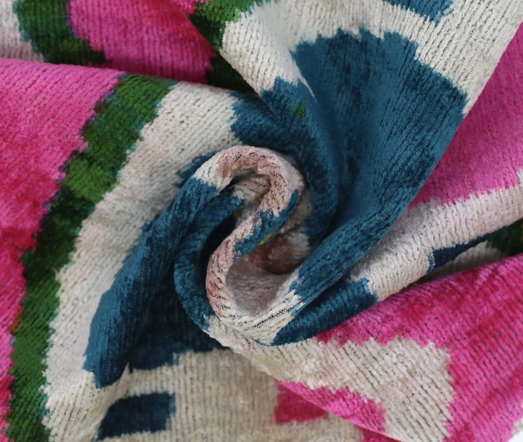 Canvello Handmade Velvet Lumbar Pillow in Bright Pink, Teal, and Yellow Floral Ikat Design - High-Quality 16x24 Inch Decorative Accent for Sofas, Couches, and Interior Design Canvello