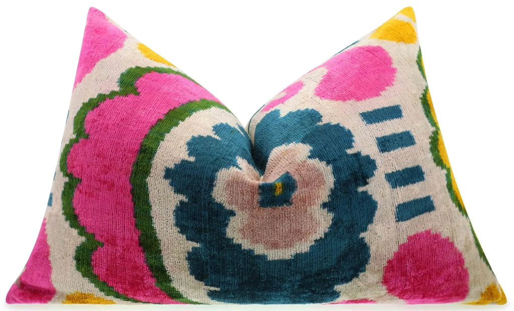 Canvello Handmade Velvet Lumbar Pillow in Bright Pink, Teal, and Yellow Floral Ikat Design - High-Quality 16x24 Inch Decorative Accent for Sofas, Couches, and Interior Design Canvello