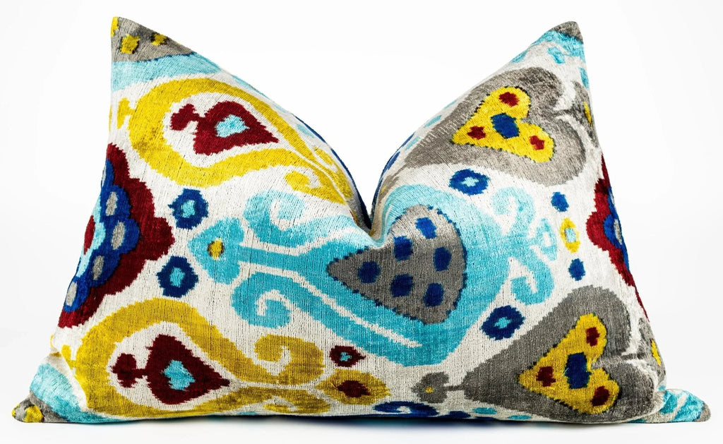 Canvello Organic Handmade Silk Velvet Pillow: 16x24 Inches with Premium Down Feather Insert - Luxury Blue Gold Gray Geometric Floral Pattern Canvello