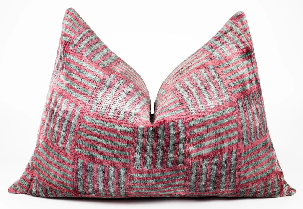Canvello Organic Handmade Silk Velvet Pillow: 16x24 Inches with Premium Down Feather Insert - Luxury Red Gray Geometric Pattern Canvello
