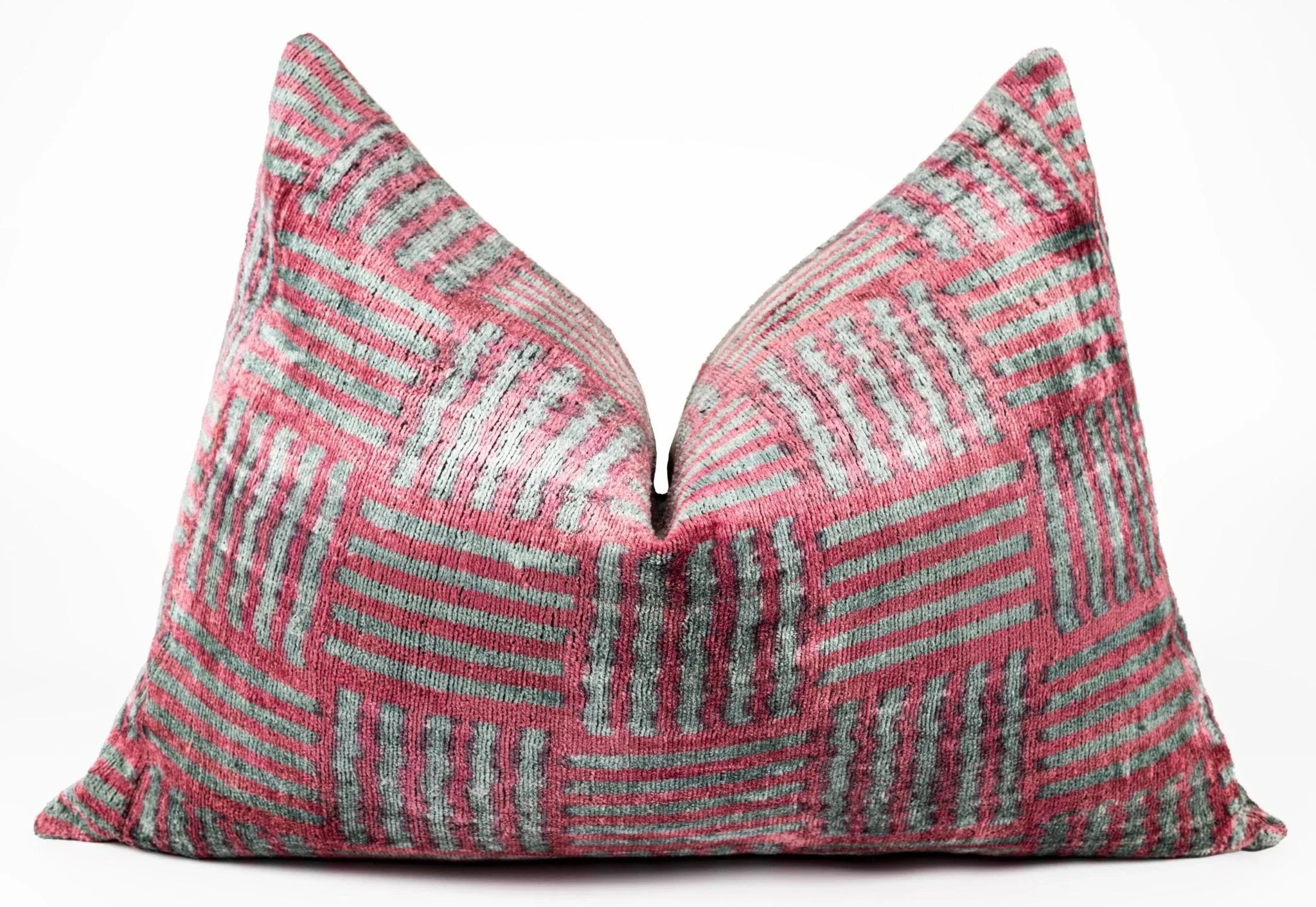 Canvello Organic Handmade Silk Velvet Pillow: 16x24 Inches with Premium Down Feather Insert - Luxury Red Gray Geometric Pattern Canvello