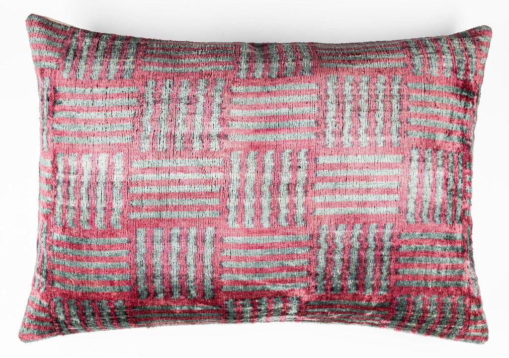 Canvello Organic Handmade Silk Velvet Pillow: 16x24 Inches with Premium Down Feather Insert - Luxury Red Gray Geometric Pattern Canvello