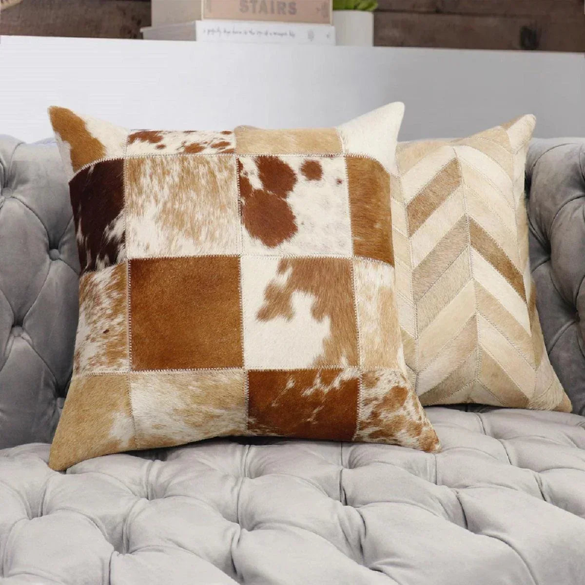 Canvello Safari Checkered Brown Cowhide 17" Decorative Throw Pillow, detail shot - House Of Avana