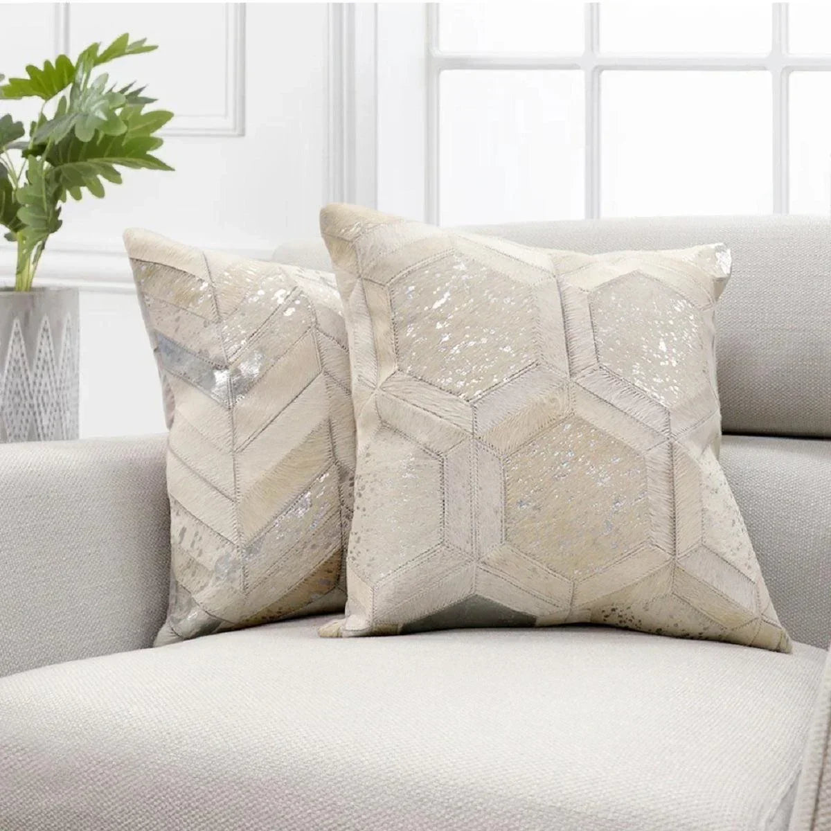 Canvello Safari Chevron Silver Cowhide 17" Decorative Throw Pillow Canvello