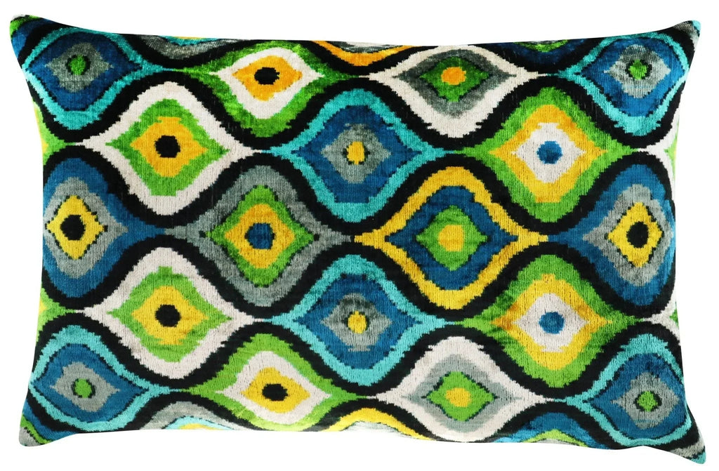 Canvello Yellow Blue Handmade 16x24 Silk Velvet Pillow, Organic Veg Dyed, Down/feather Filled, front view - House Of Avana