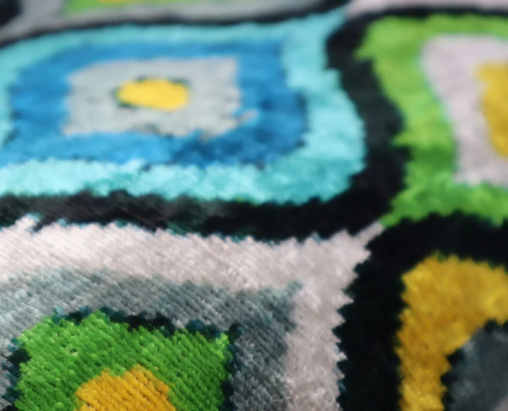 Canvello Yellow Blue Handmade 16x24 Silk Velvet Pillow, Organic Veg Dyed, Down/feather Filled, close-up view - House Of Avana