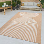 Nature beige indoor outdoor rug with white minimalist arch line pattern on a stone patio.