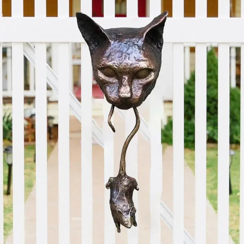 Bronze cat and mouse door knocker, intricately designed metal sculpture - House of Avana