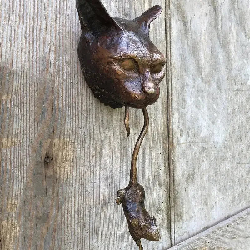 Bronze cat and mouse door knocker, intricately designed metal sculpture - House of Avana