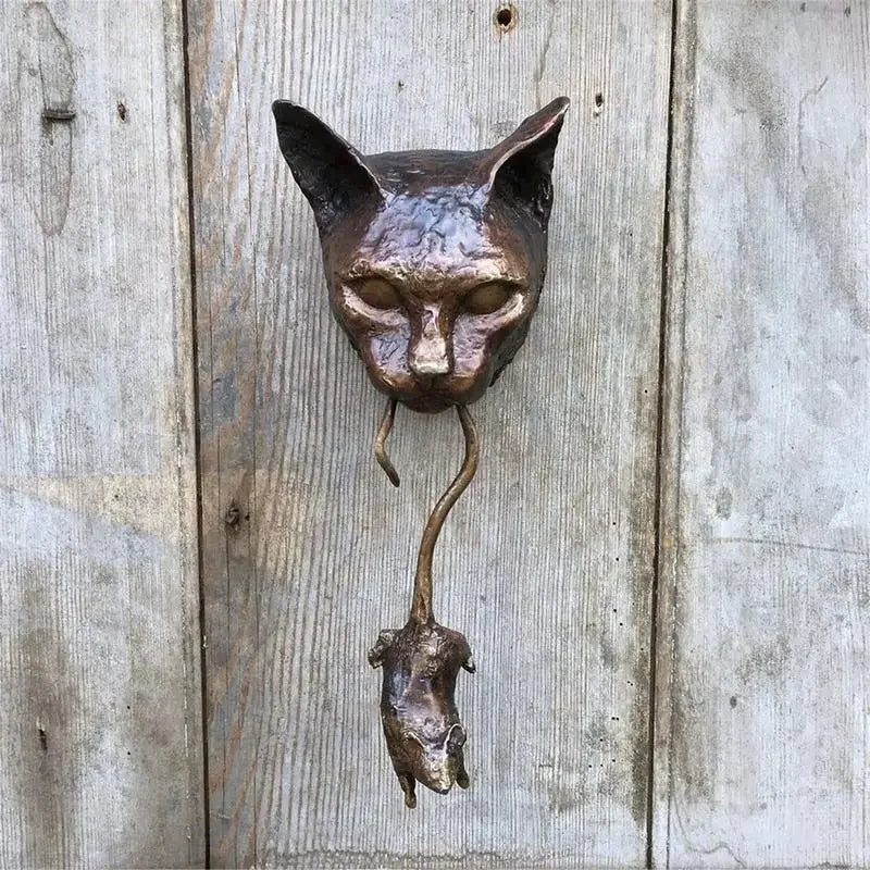 Bronze cat and mouse door knocker, intricately designed metal sculpture - House of Avana