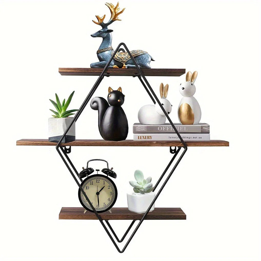 [Geometric Wall Shelves] 3 Tier Geometric Diamond Wall Floating Shelves - Decorative Industrial Hanging Metal Wire Wood Display Shelf for Living Room Kitchen House Of Avana
