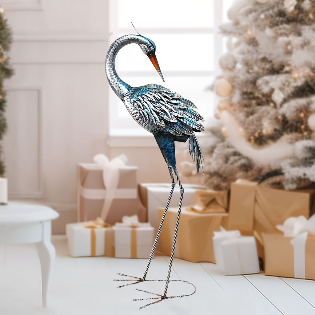 1pc Rustic Metal Garden Crane Statue Outdoor Decor, Standing Heron Sculpture Lawn Ornaments, Blue Bird Lake Yard Backyard Patio House of Avana