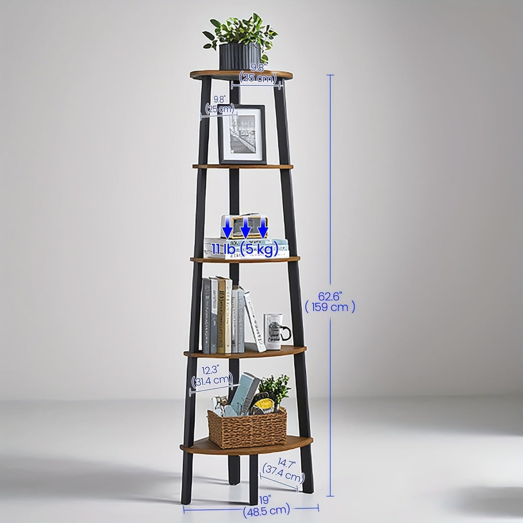 5-Tier Corner Shelf Stand - Rustic Wood & Black Metal Frame, Narrow Freestanding Design for Living Room, Bedroom, or Study - Maximize Space with Stylish Display Shelves, Preppy Room Decor House Of Avana