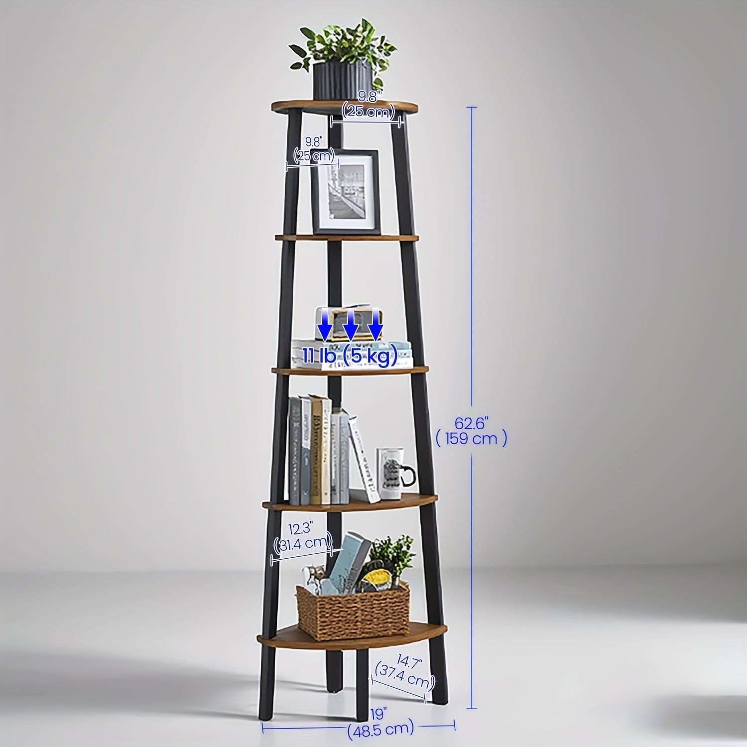 5-Tier Corner Shelf Stand - Rustic Wood & Black Metal Frame, Narrow Freestanding Design for Living Room, Bedroom, or Study - Maximize Space with Stylish Display Shelves, Preppy Room Decor House Of Avana
