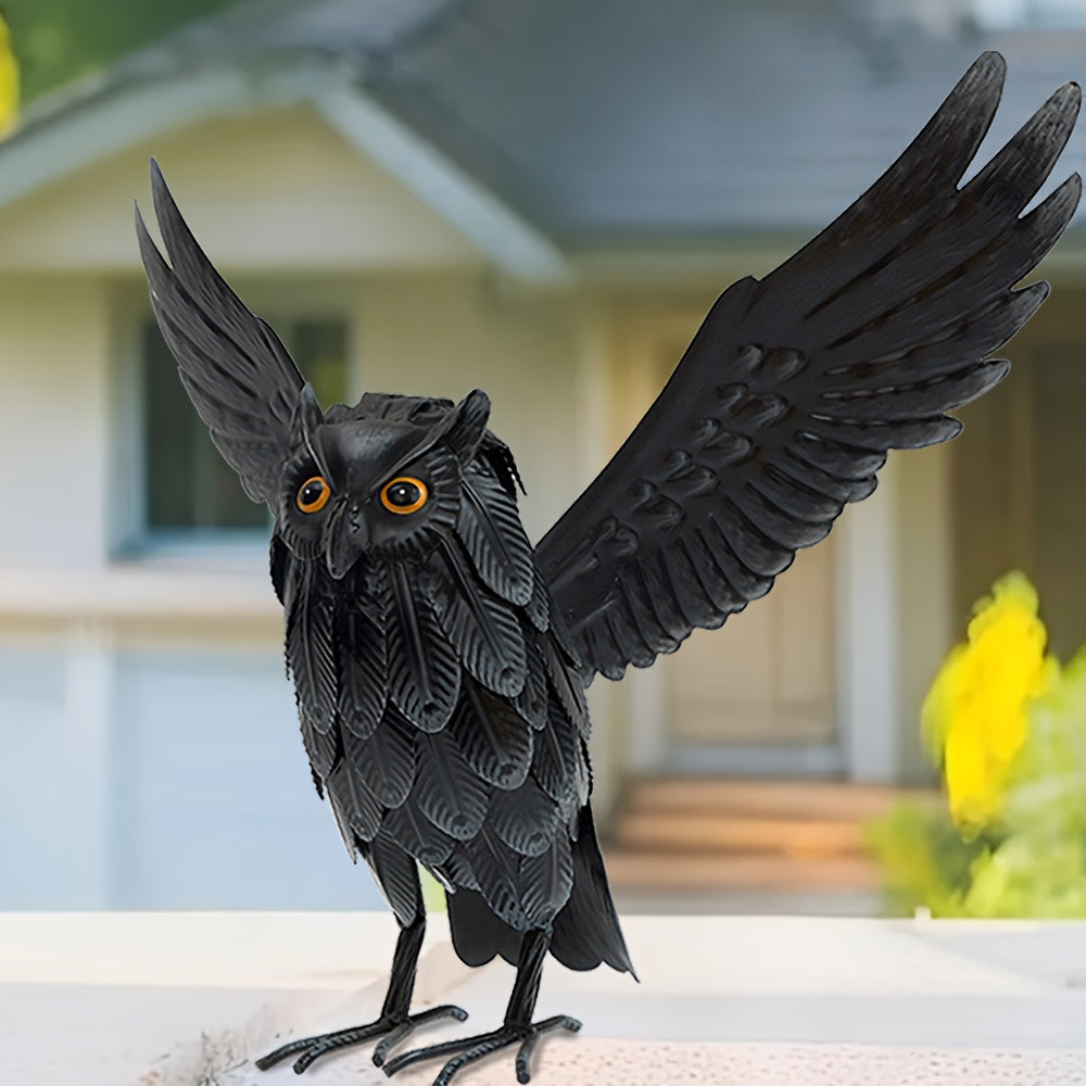 1 Black Metal Owl Statue, Standing Winged Owl Outdoor Garden Decor, Lawn Yard Porch Holiday Decor, Halloween Decor House Of Avana