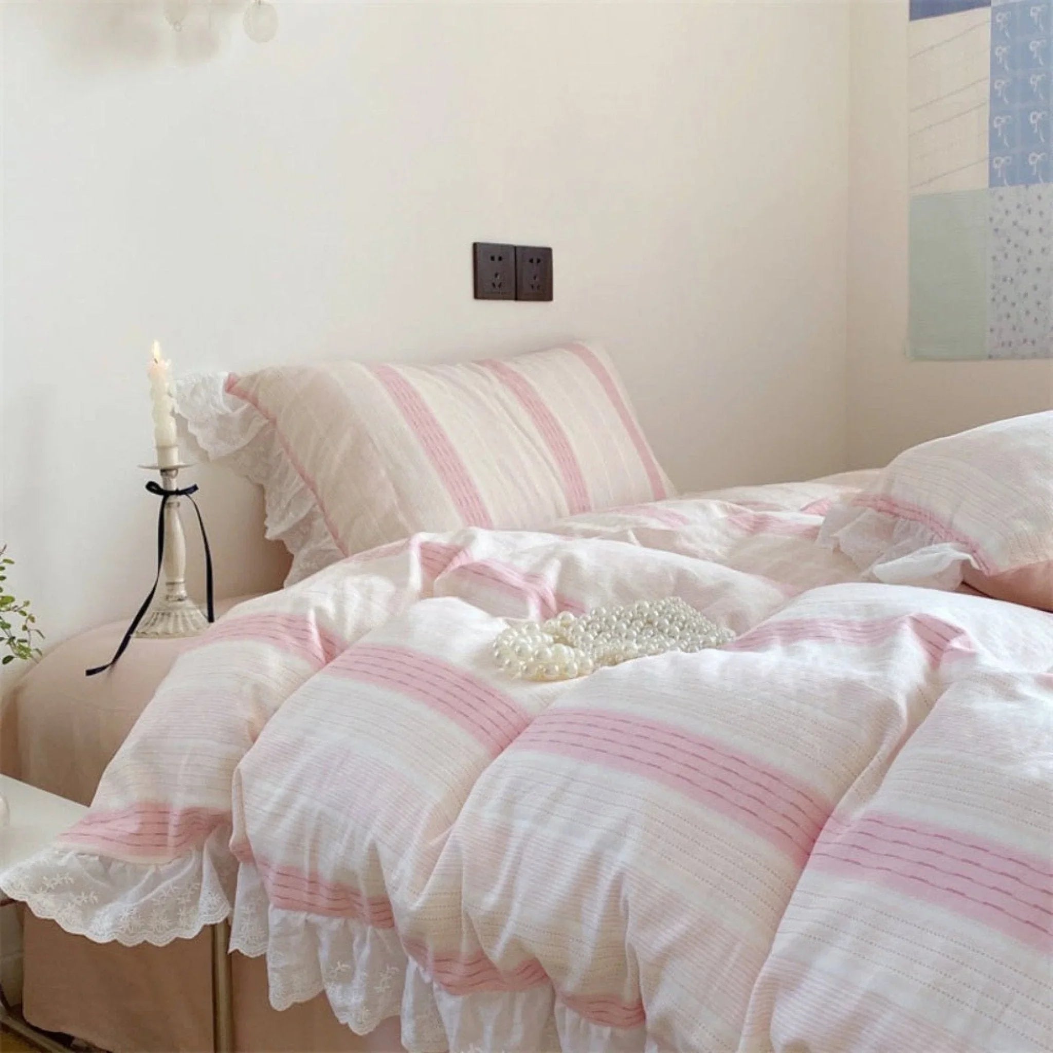 Cecilia Lace Ruffle Double Gauze Striped Bedding Set / Pink Ever Lasting