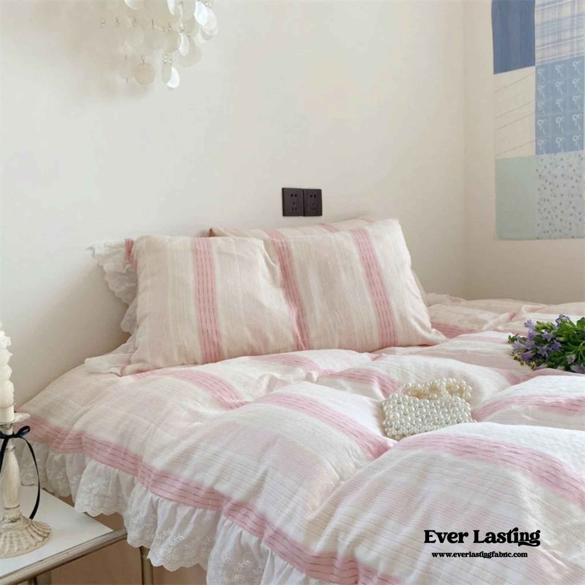 Cecilia Lace Ruffle Double Gauze Striped Bedding Set / Pink Ever Lasting