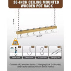 Ceiling Mounted 36-inch Wooden Pot Rack with 4 Pan Hanging Hooks and 2 Swivel Hooks