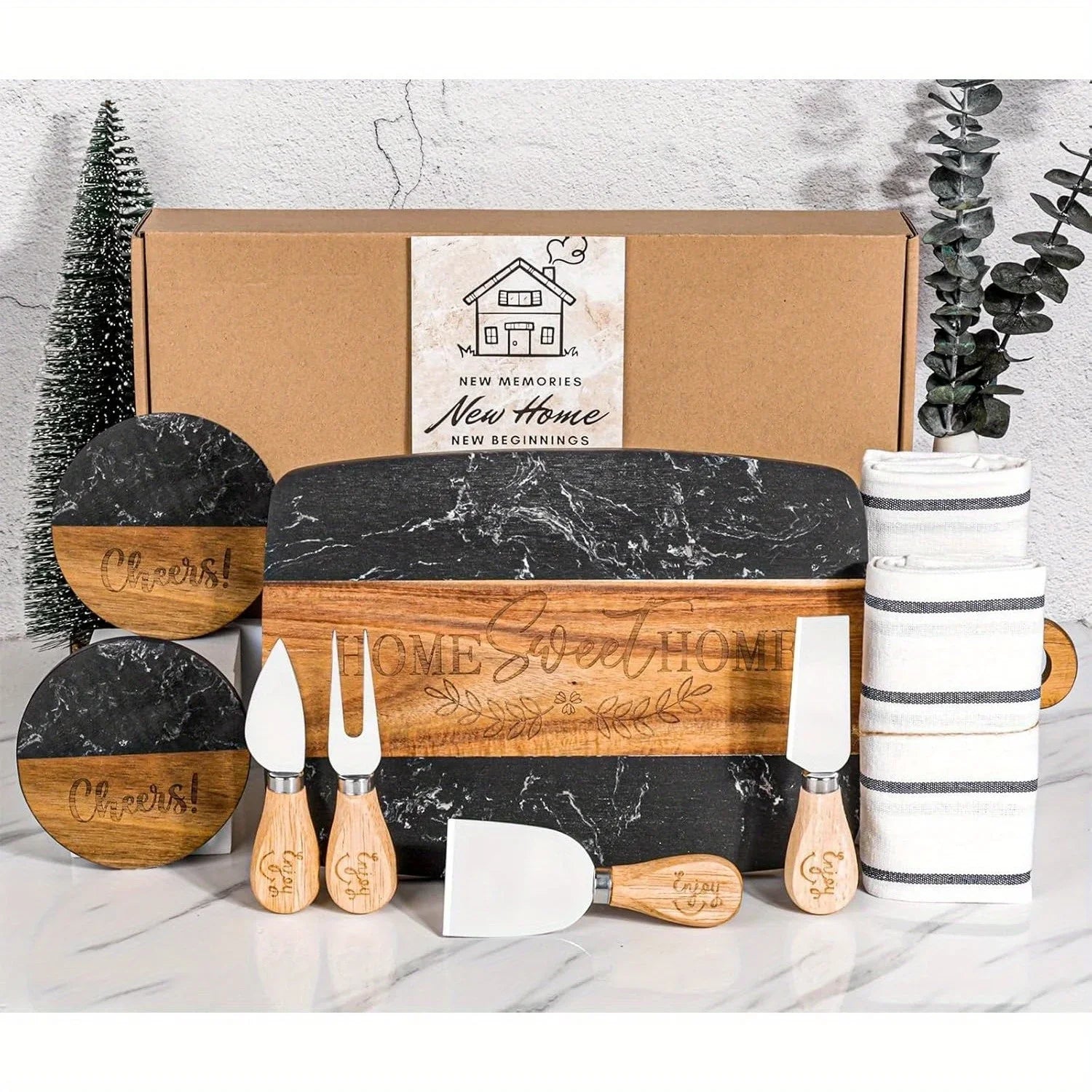 House Warming Gifts New Home, 11pcs Housewarming Gifts Basket for New House, Unique Housewarming Gift Baskets for Couples, Clients, Women (Black Marble) House Of Avana