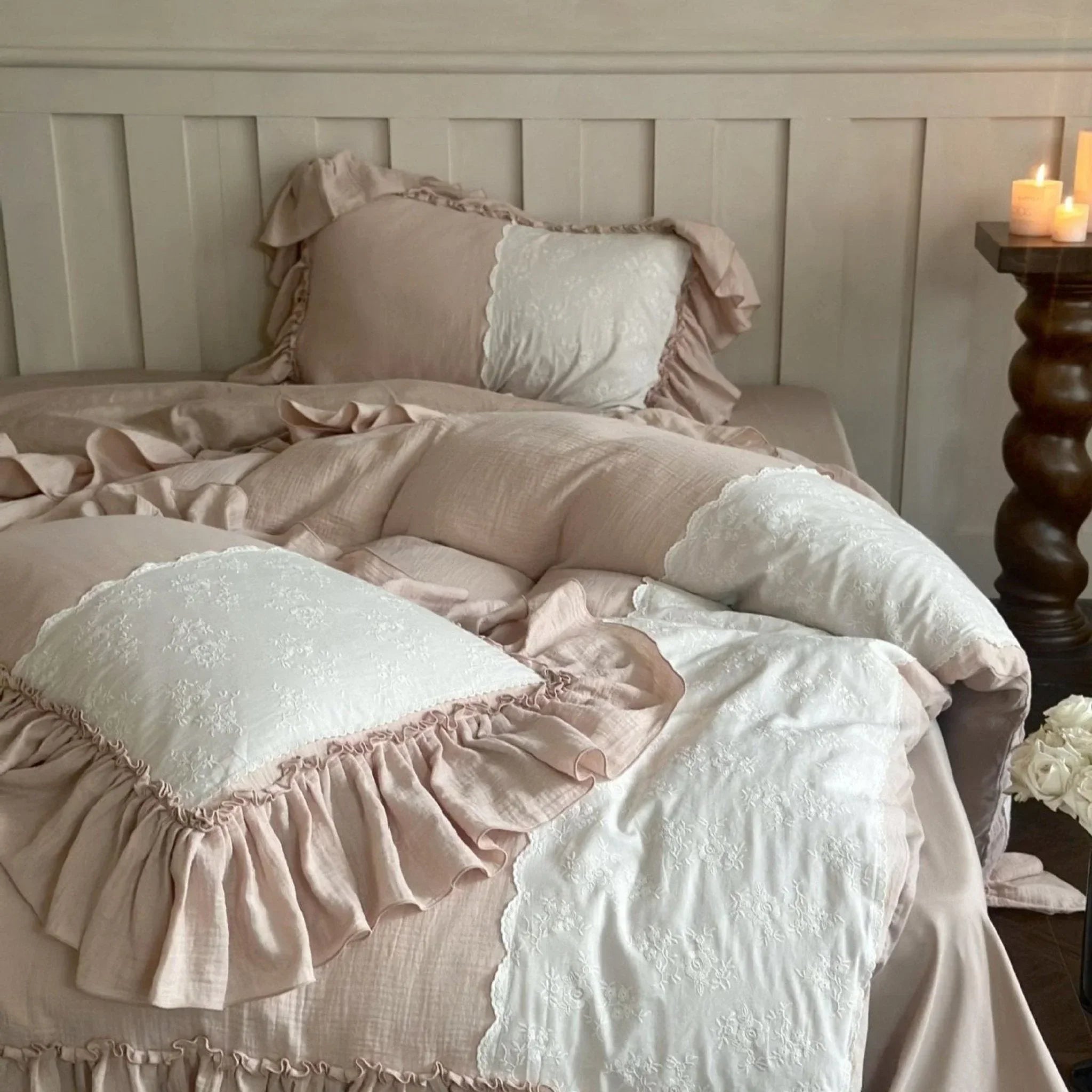 Celeste Soft Lace Embroidered Ruffle Bedding Set / Pink Ever Lasting