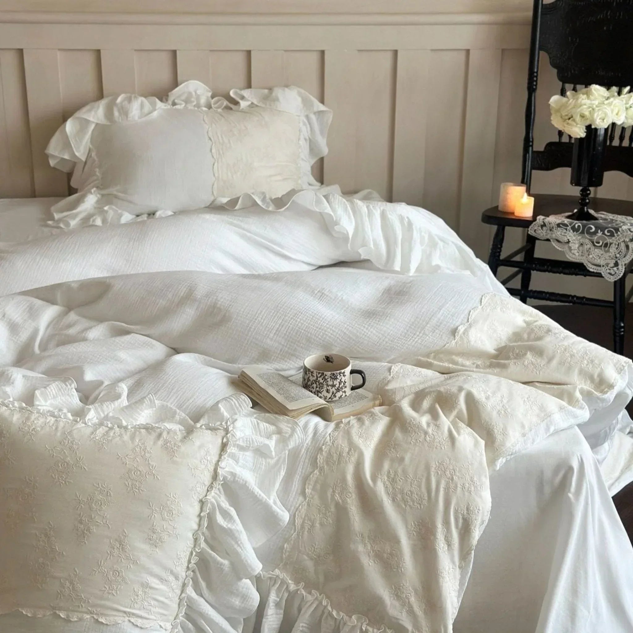 Celeste Soft Lace Embroidered Ruffle Bedding Set / Pink Ever Lasting