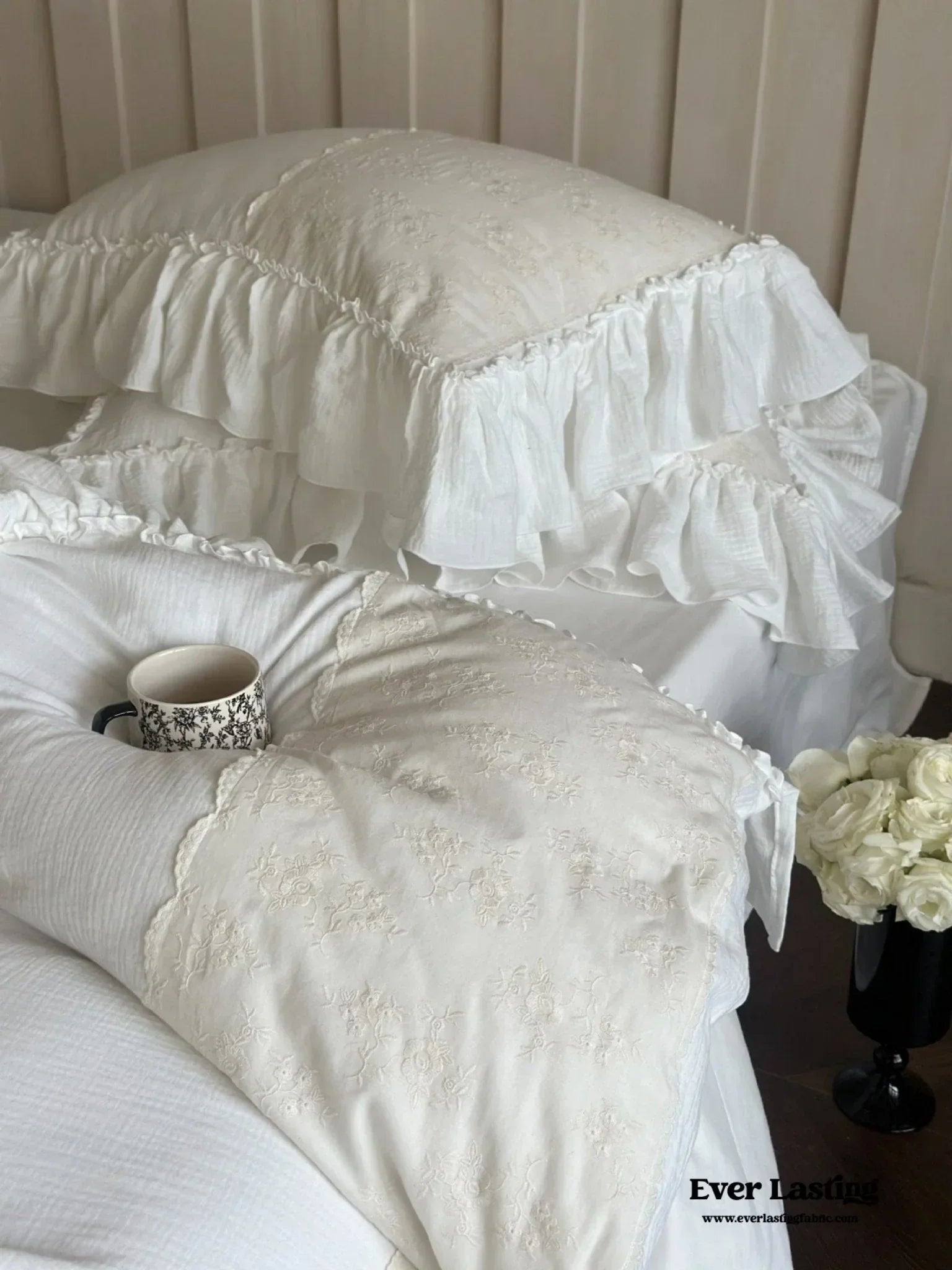 Celeste Soft Lace Embroidered Ruffle Bedding Set / Pink Ever Lasting