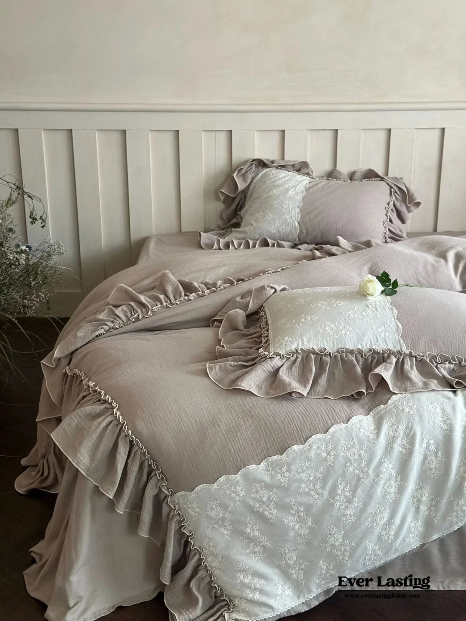 Celeste Soft Lace Embroidered Ruffle Bedding Set / Pink Ever Lasting