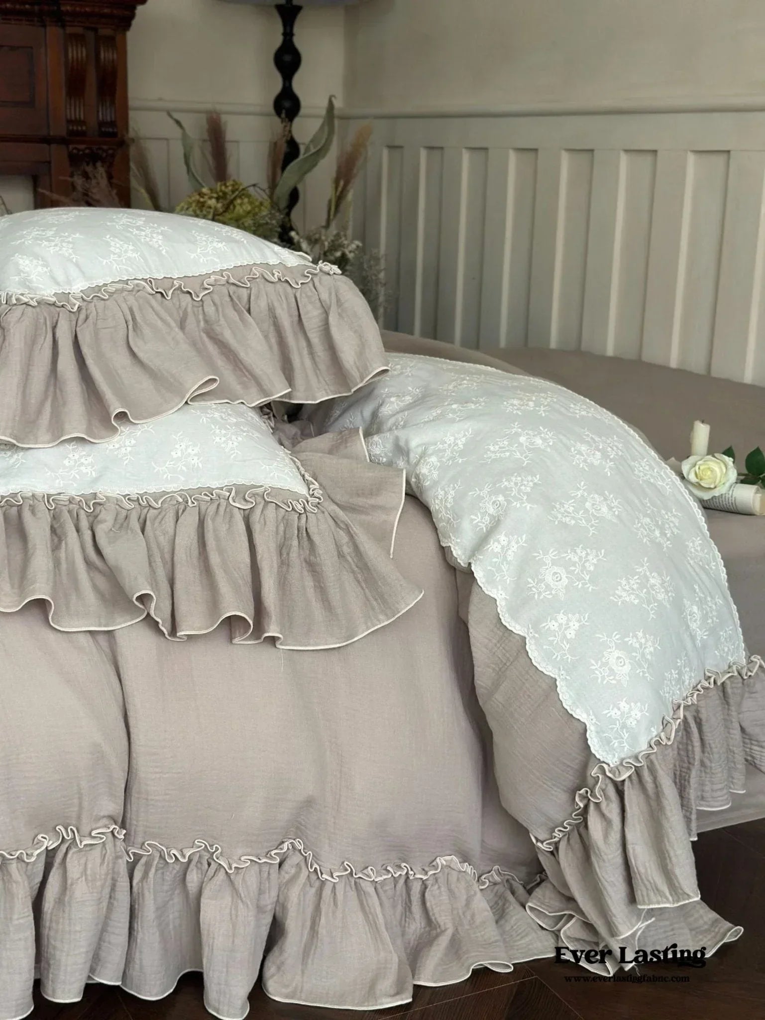 Celeste Soft Lace Embroidered Ruffle Bedding Set / Pink Ever Lasting