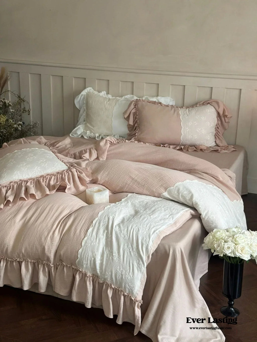 Celeste Soft Lace Embroidered Ruffle Bedding Set / Pink Ever Lasting