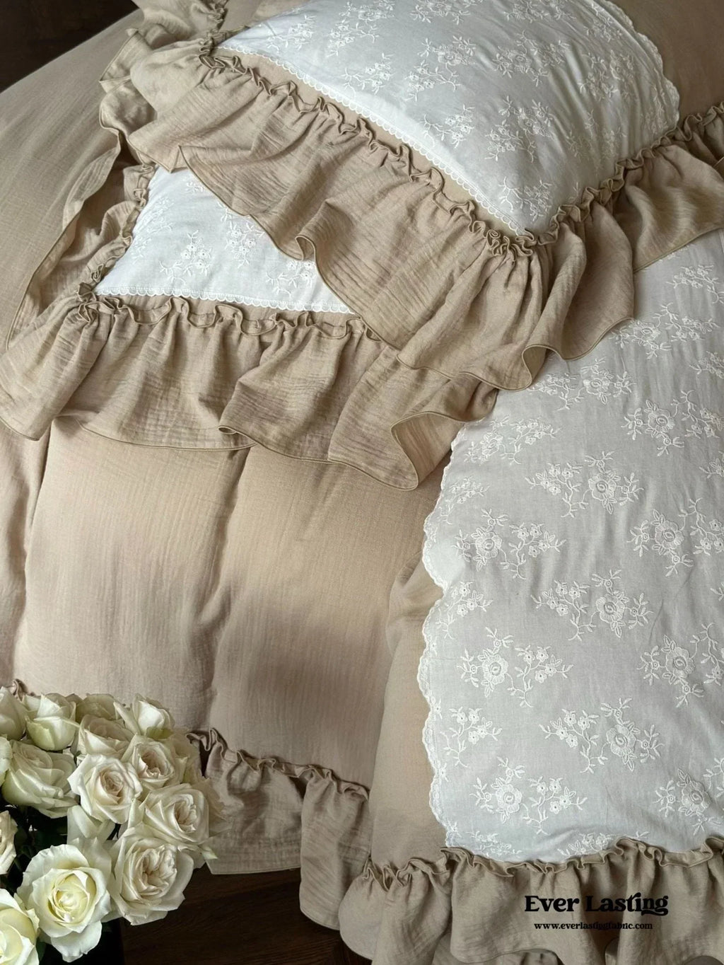 Celeste Soft Lace Embroidered Ruffle Bedding Set / Pink Ever Lasting