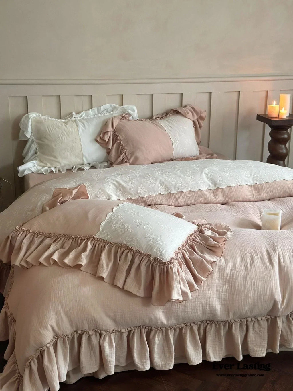 Celeste Soft Lace Embroidered Ruffle Bedding Set / Pink Ever Lasting