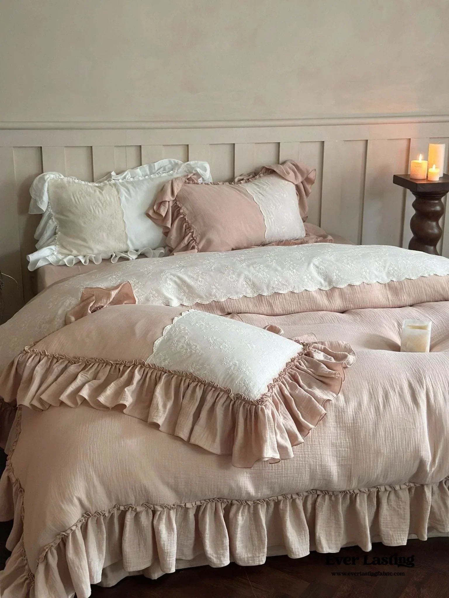 Celeste Soft Lace Embroidered Ruffle Bedding Set / Pink Ever Lasting