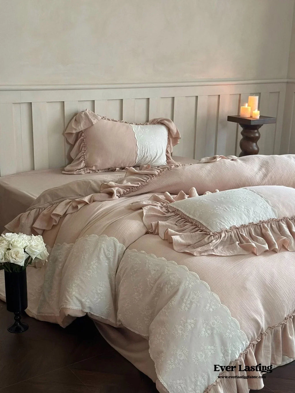 Celeste Soft Lace Embroidered Ruffle Bedding Set / Pink Ever Lasting