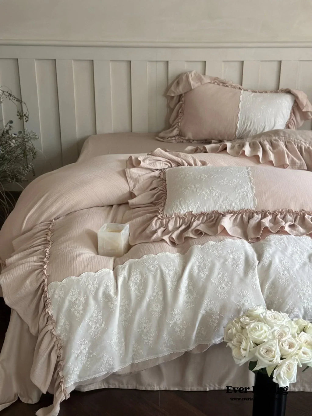 Celeste Soft Lace Embroidered Ruffle Bedding Set / Pink Ever Lasting