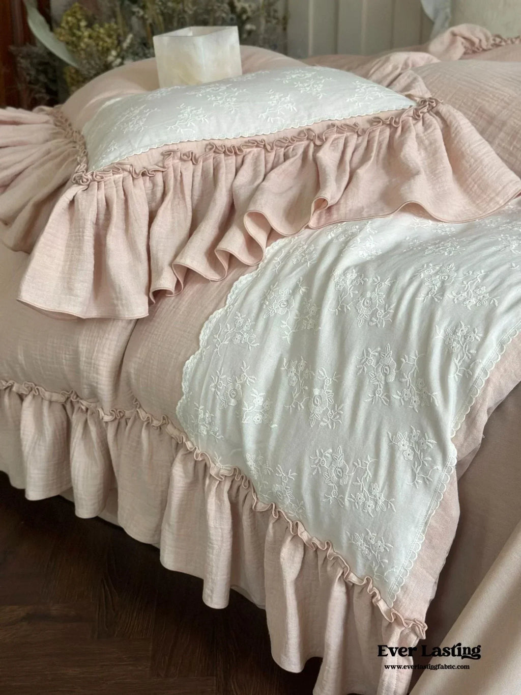 Celeste Soft Lace Embroidered Ruffle Bedding Set / Pink Ever Lasting