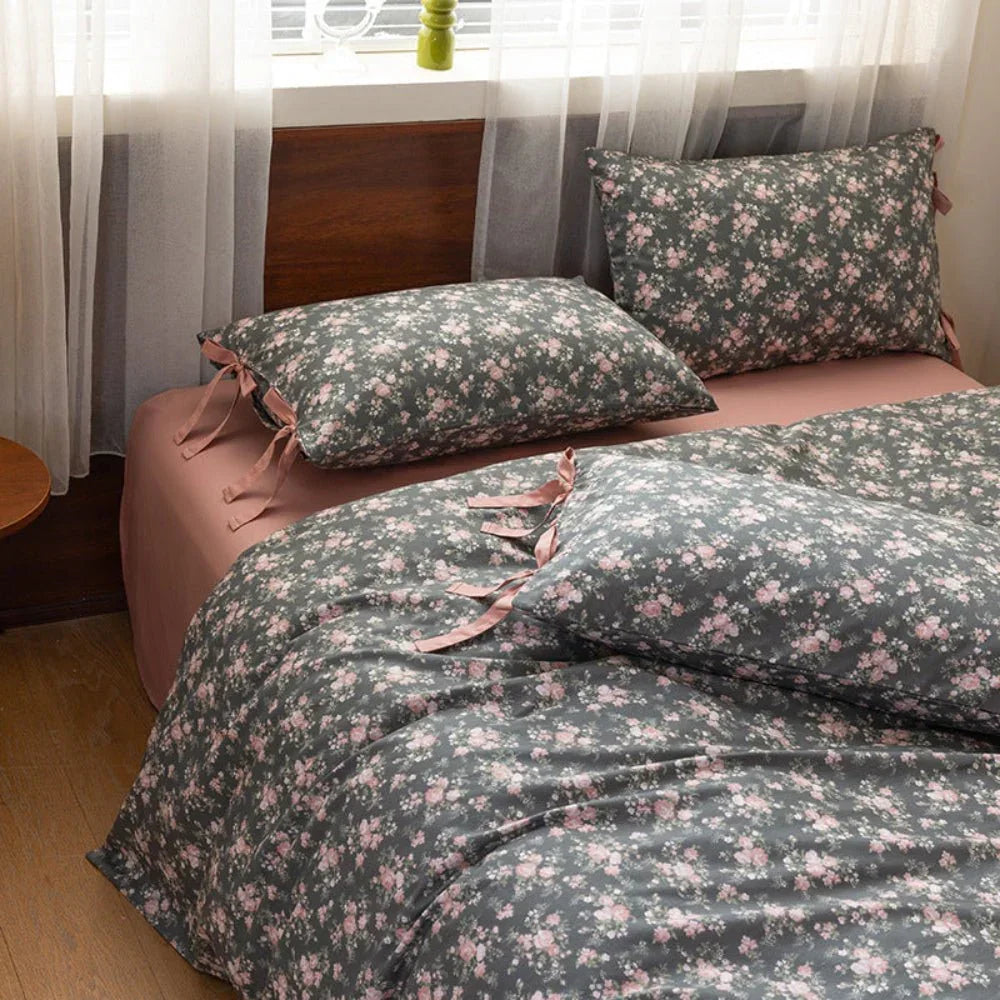 Celia Cottage Ribbon Bow Tie Floral Bedding Set / Pink Ever Lasting