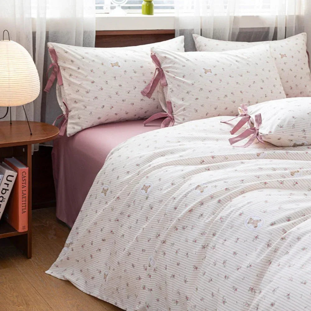 Celia Cottage Ribbon Bow Tie Floral Bedding Set / Pink Ever Lasting