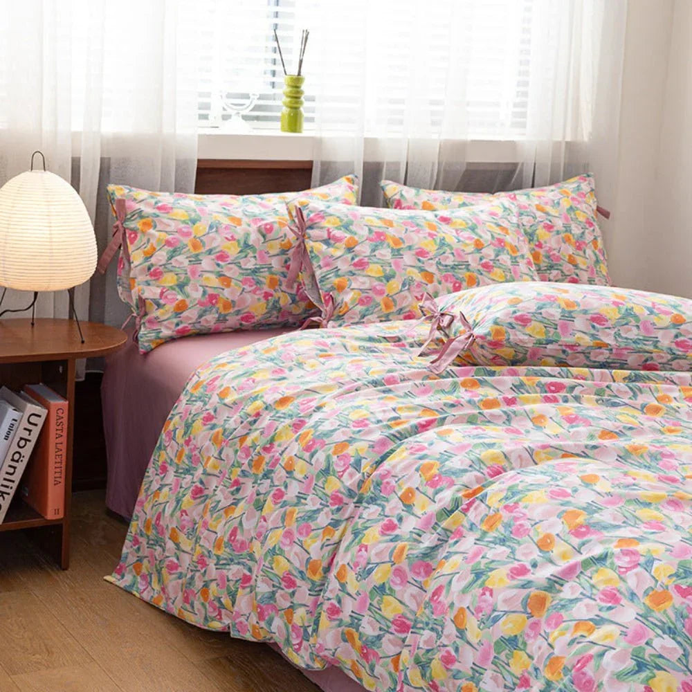Celia Cottage Ribbon Bow Tie Floral Bedding Set / Pink Ever Lasting