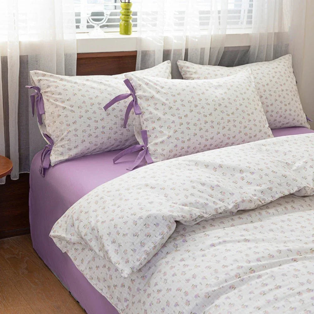 Celia Cottage Ribbon Bow Tie Floral Bedding Set / Purple Ever Lasting