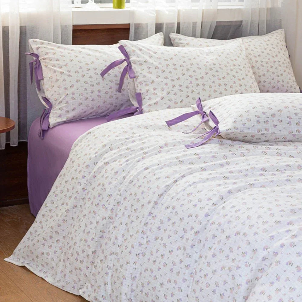 Celia Cottage Ribbon Bow Tie Floral Bedding Set / Purple Ever Lasting